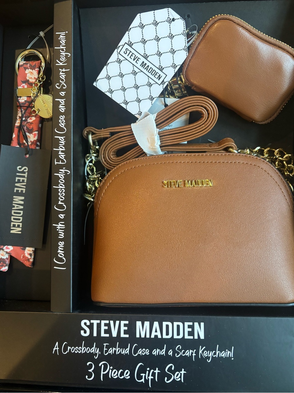 Steve Madden 3-Piece Crossbody Gift Set with Earbud Case & Scarf Keychain